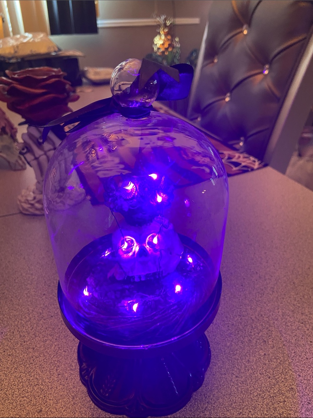 Purple LED Glass Dome Accent with Skull Detail - Home Accents